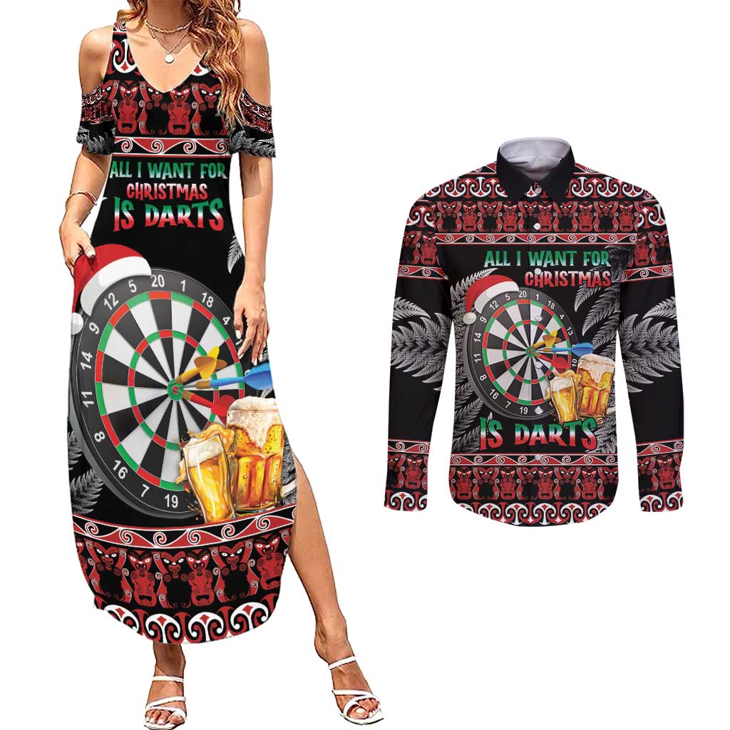 All I Want For Christmas Is Darts New Zealand Couples Matching Summer Maxi Dress and Long Sleeve Button Shirt LT14 Black - Polynesian Pride