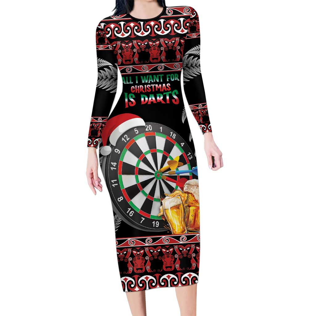 All I Want For Christmas Is Darts New Zealand Family Matching Long Sleeve Bodycon Dress and Hawaiian Shirt LT14 Mom's Dress Black - Polynesian Pride