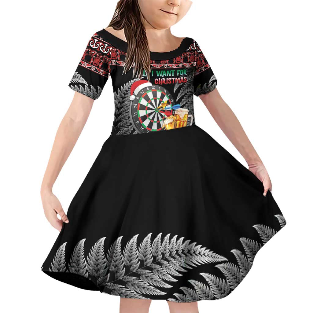All I Want For Christmas Is Darts New Zealand Family Matching Off Shoulder Short Dress and Hawaiian Shirt LT14 Daughter's Dress Black - Polynesian Pride