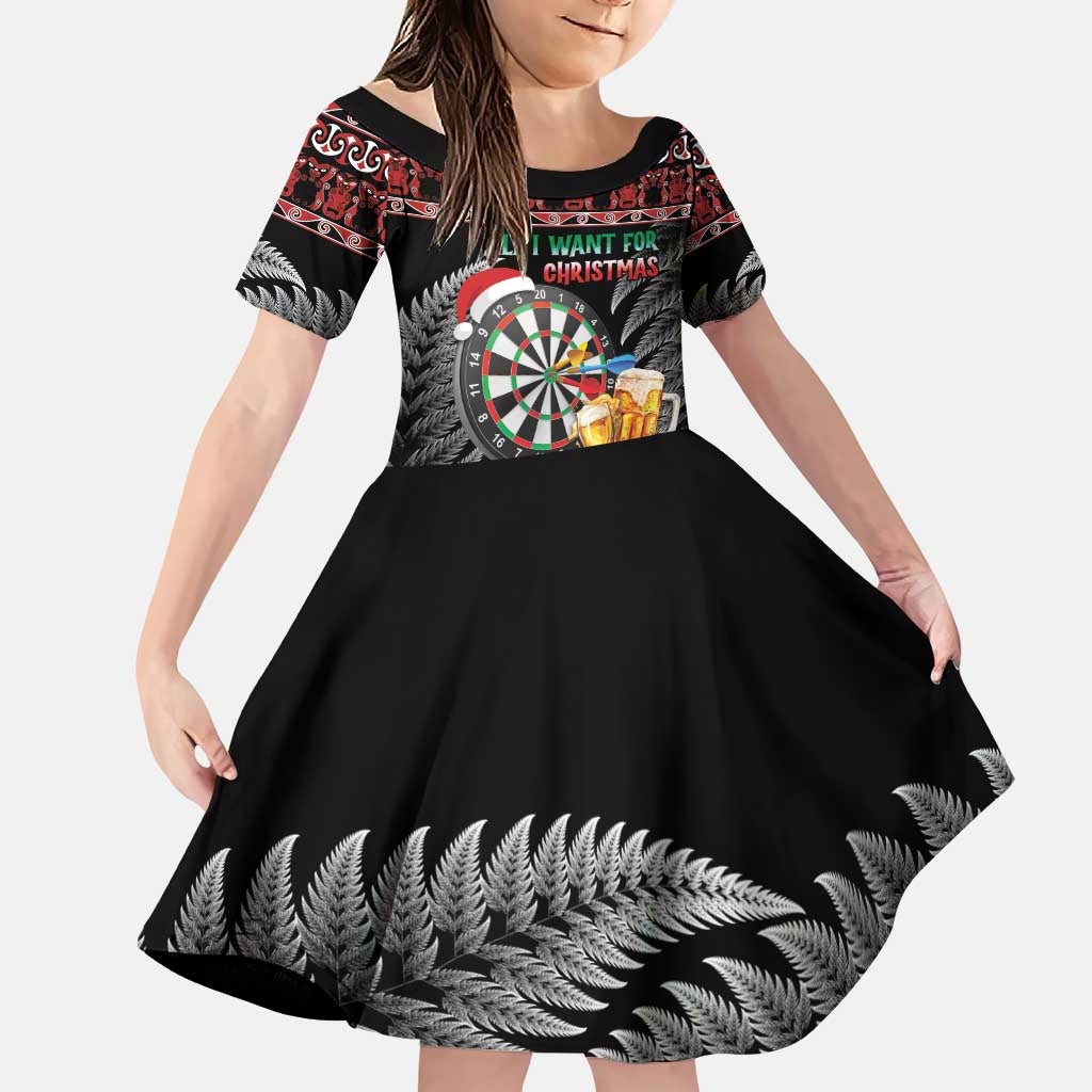 All I Want For Christmas Is Darts New Zealand Family Matching Puletasi and Hawaiian Shirt LT14 Daughter's Dress Black - Polynesian Pride