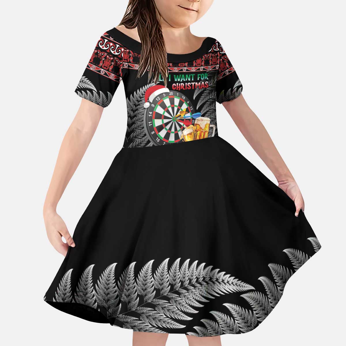 All I Want For Christmas Is Darts New Zealand Kid Short Sleeve Dress LT14 KID Black - Polynesian Pride