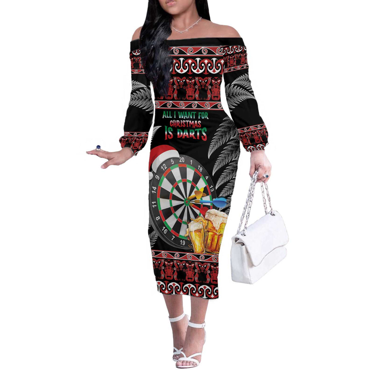 All I Want For Christmas Is Darts New Zealand Off The Shoulder Long Sleeve Dress LT14 Women Black - Polynesian Pride