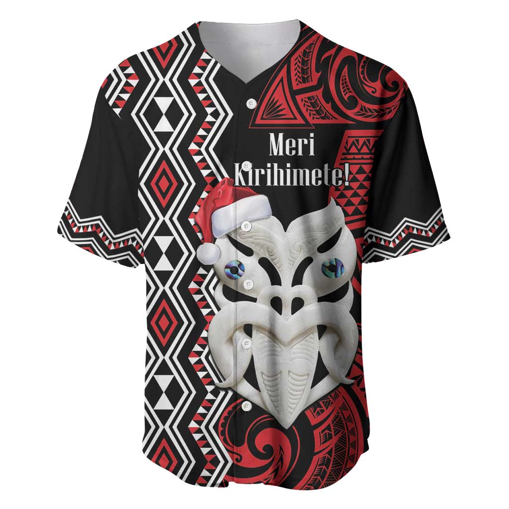 Personalised New Zealand Christmas Baseball Jersey Meri Kirihimete Maori Wheku - Taniko Art LT14 Black - Polynesian Pride