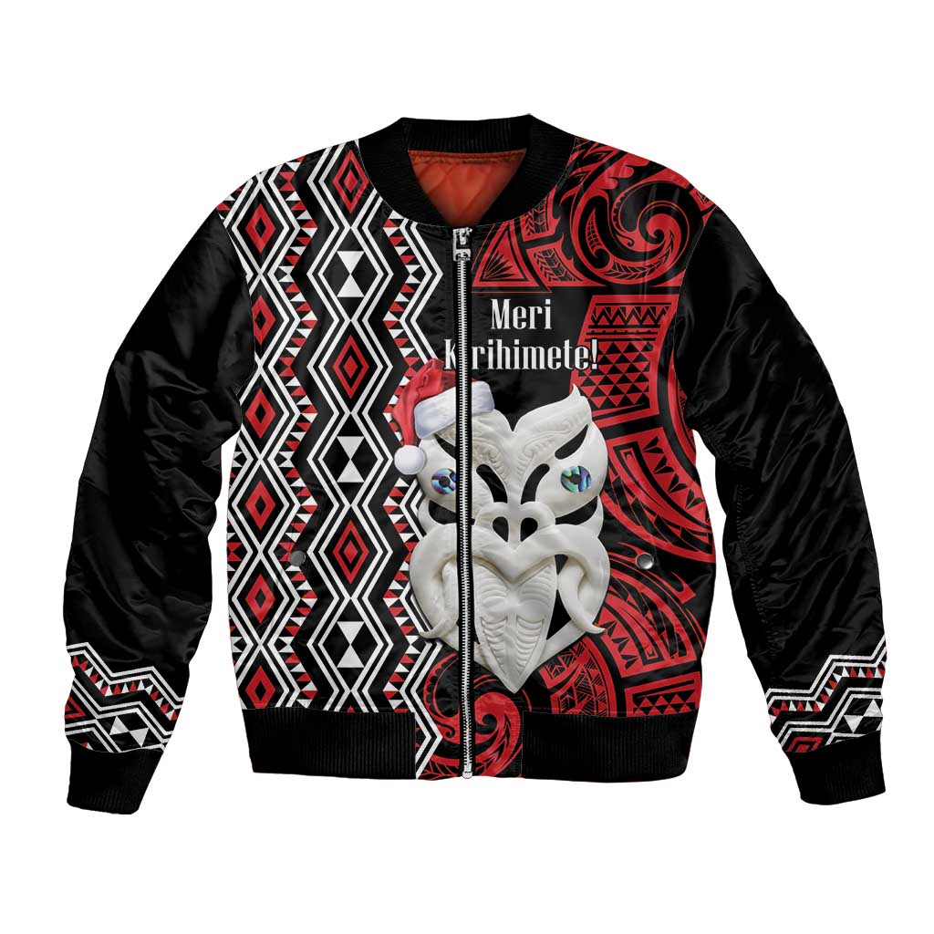 Personalised New Zealand Christmas Bomber Jacket Meri Kirihimete Maori Wheku - Taniko Art LT14 Unisex Black - Polynesian Pride