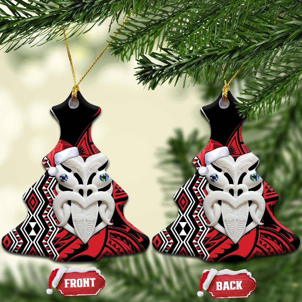 Personalised New Zealand Christmas Ceramic Ornament Meri Kirihimete Maori Wheku - Taniko Art LT14 Christmas Tree Black - Polynesian Pride