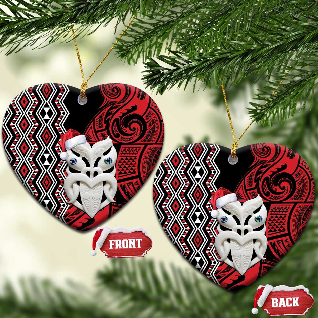 Personalised New Zealand Christmas Ceramic Ornament Meri Kirihimete Maori Wheku - Taniko Art LT14 Heart Black - Polynesian Pride