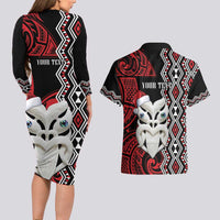 Personalised New Zealand Christmas Couples Matching Long Sleeve Bodycon Dress and Hawaiian Shirt Meri Kirihimete Maori Wheku - Taniko Art LT14 - Polynesian Pride