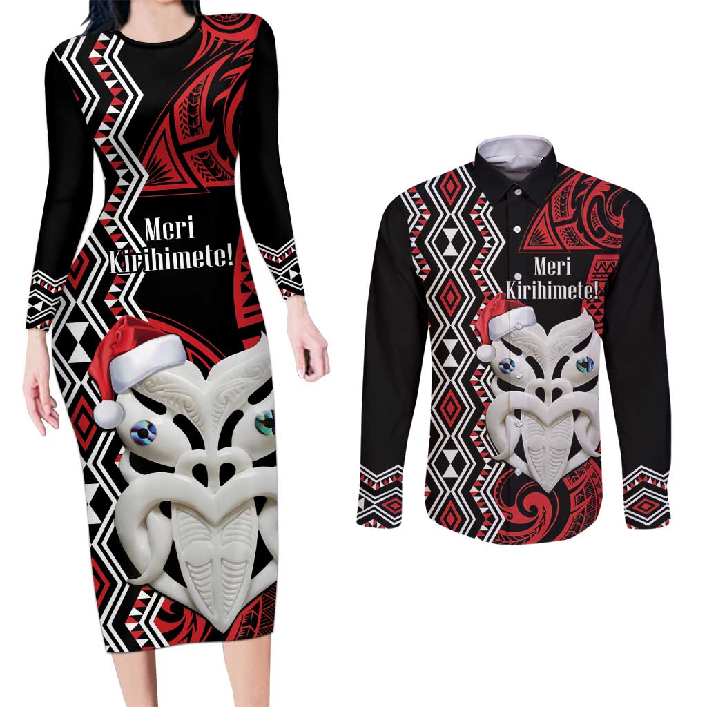 Personalised New Zealand Christmas Couples Matching Long Sleeve Bodycon Dress and Long Sleeve Button Shirt Meri Kirihimete Maori Wheku - Taniko Art LT14 Black - Polynesian Pride