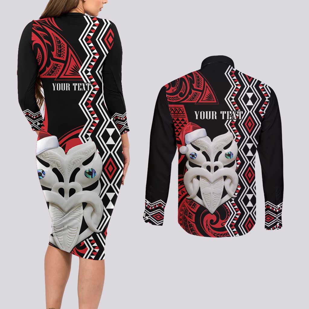 Personalised New Zealand Christmas Couples Matching Long Sleeve Bodycon Dress and Long Sleeve Button Shirt Meri Kirihimete Maori Wheku - Taniko Art LT14 - Polynesian Pride