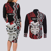 Personalised New Zealand Christmas Couples Matching Long Sleeve Bodycon Dress and Long Sleeve Button Shirt Meri Kirihimete Maori Wheku - Taniko Art LT14 - Polynesian Pride