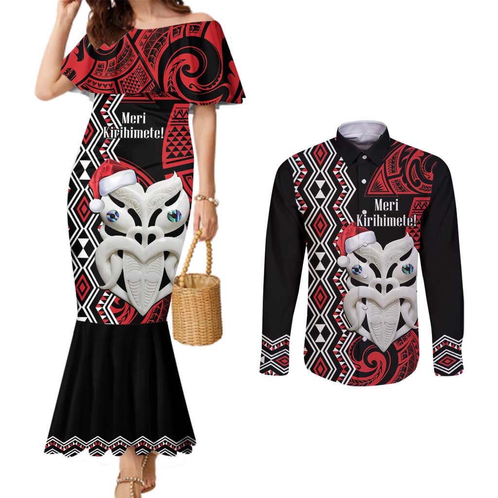 Personalised New Zealand Christmas Couples Matching Mermaid Dress and Long Sleeve Button Shirt Meri Kirihimete Maori Wheku - Taniko Art LT14 Black - Polynesian Pride