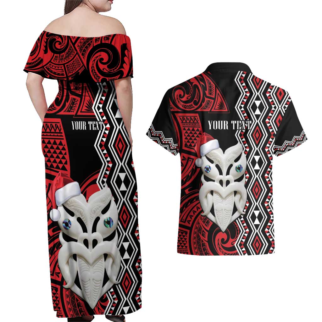 Personalised New Zealand Christmas Couples Matching Off Shoulder Maxi Dress and Hawaiian Shirt Meri Kirihimete Maori Wheku - Taniko Art LT14 - Polynesian Pride