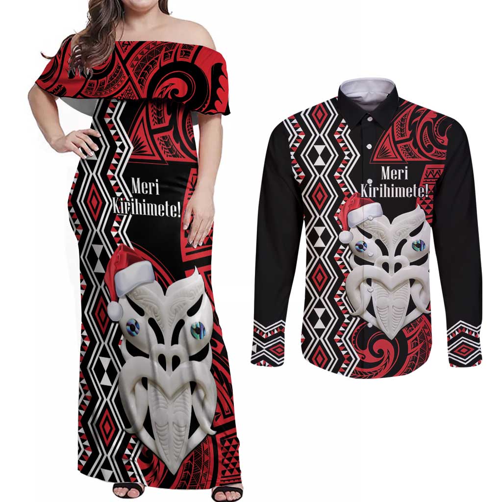 Personalised New Zealand Christmas Couples Matching Off Shoulder Maxi Dress and Long Sleeve Button Shirt Meri Kirihimete Maori Wheku - Taniko Art LT14 Black - Polynesian Pride
