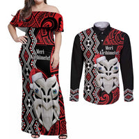 Personalised New Zealand Christmas Couples Matching Off Shoulder Maxi Dress and Long Sleeve Button Shirt Meri Kirihimete Maori Wheku - Taniko Art LT14 Black - Polynesian Pride