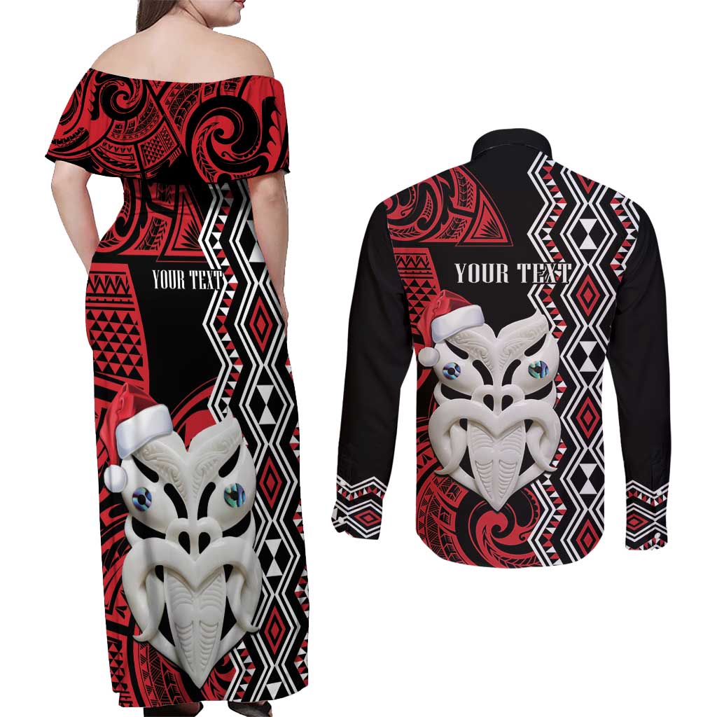 Personalised New Zealand Christmas Couples Matching Off Shoulder Maxi Dress and Long Sleeve Button Shirt Meri Kirihimete Maori Wheku - Taniko Art LT14 - Polynesian Pride