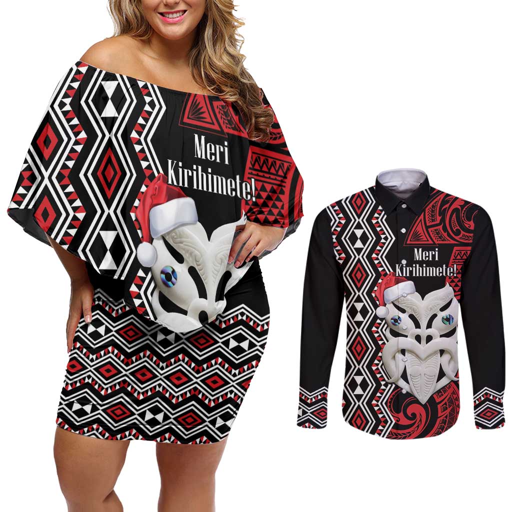 Personalised New Zealand Christmas Couples Matching Off Shoulder Short Dress and Long Sleeve Button Shirt Meri Kirihimete Maori Wheku - Taniko Art LT14 Black - Polynesian Pride