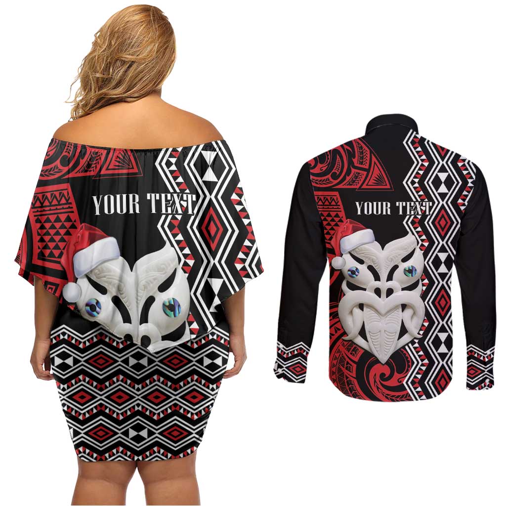 Personalised New Zealand Christmas Couples Matching Off Shoulder Short Dress and Long Sleeve Button Shirt Meri Kirihimete Maori Wheku - Taniko Art LT14 - Polynesian Pride