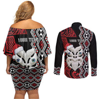 Personalised New Zealand Christmas Couples Matching Off Shoulder Short Dress and Long Sleeve Button Shirt Meri Kirihimete Maori Wheku - Taniko Art LT14 - Polynesian Pride