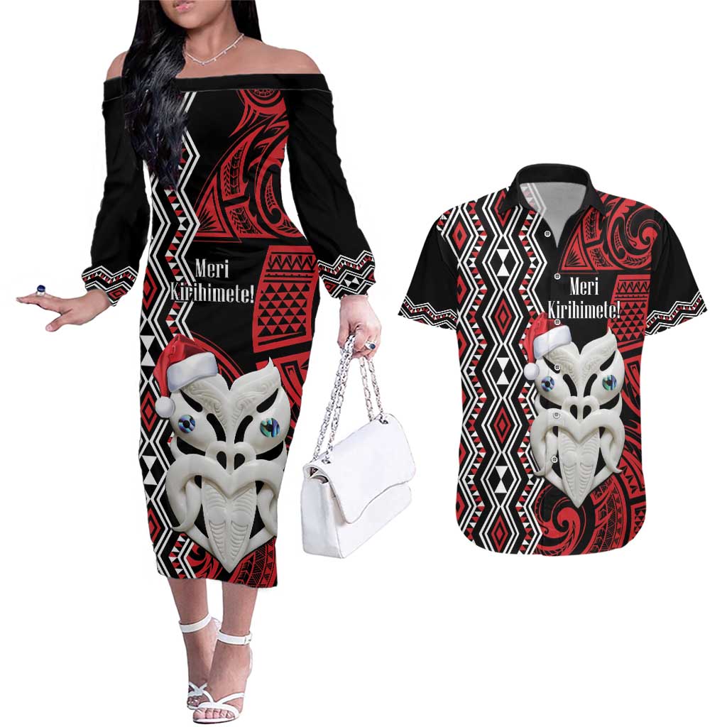 Personalised New Zealand Christmas Couples Matching Off The Shoulder Long Sleeve Dress and Hawaiian Shirt Meri Kirihimete Maori Wheku - Taniko Art LT14 Black - Polynesian Pride