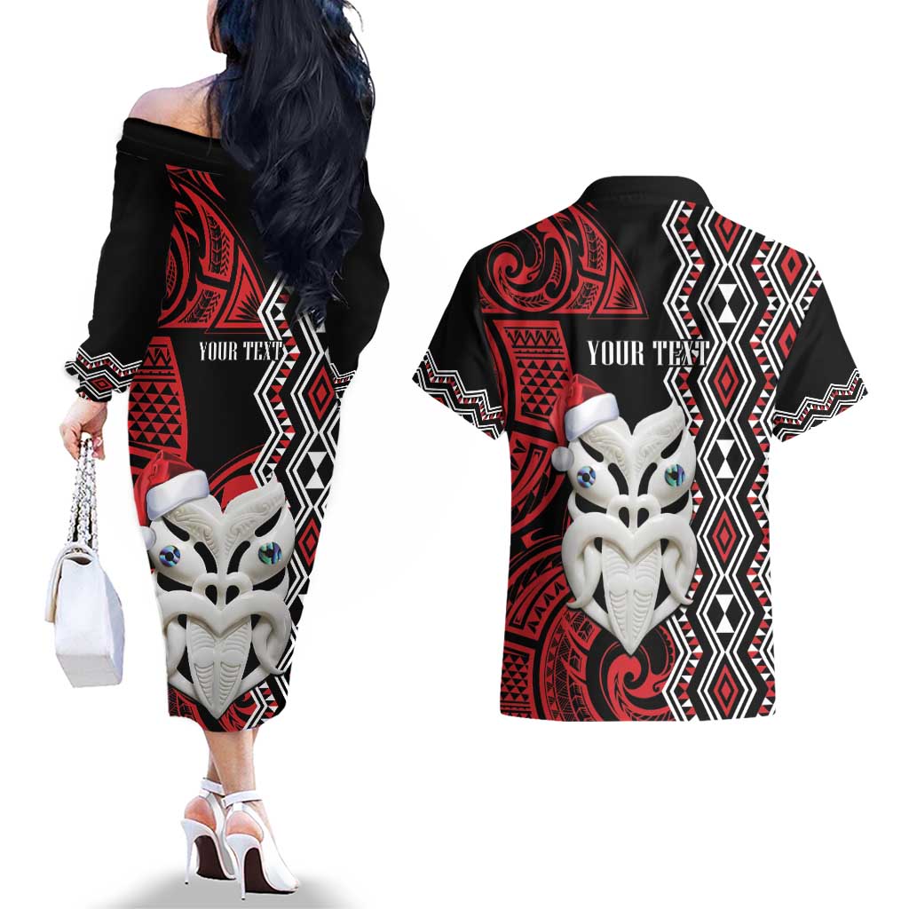 Personalised New Zealand Christmas Couples Matching Off The Shoulder Long Sleeve Dress and Hawaiian Shirt Meri Kirihimete Maori Wheku - Taniko Art LT14 - Polynesian Pride