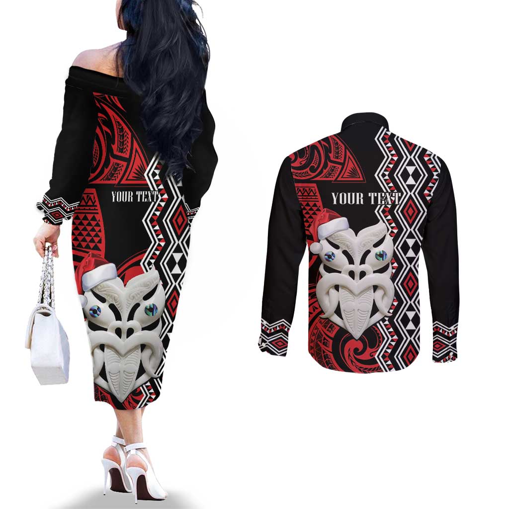 Personalised New Zealand Christmas Couples Matching Off The Shoulder Long Sleeve Dress and Long Sleeve Button Shirt Meri Kirihimete Maori Wheku - Taniko Art LT14 - Polynesian Pride