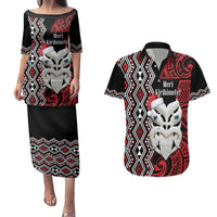 Personalised New Zealand Christmas Couples Matching Puletasi and Hawaiian Shirt Meri Kirihimete Maori Wheku - Taniko Art LT14 Black - Polynesian Pride