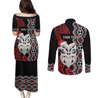 Personalised New Zealand Christmas Couples Matching Puletasi and Long Sleeve Button Shirt Meri Kirihimete Maori Wheku - Taniko Art LT14 - Polynesian Pride