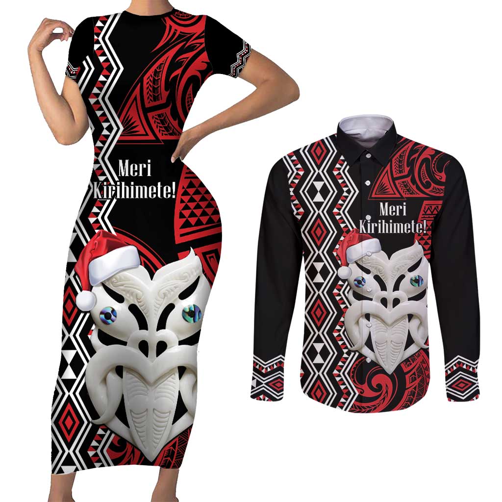 Personalised New Zealand Christmas Couples Matching Short Sleeve Bodycon Dress and Long Sleeve Button Shirt Meri Kirihimete Maori Wheku - Taniko Art LT14 Black - Polynesian Pride