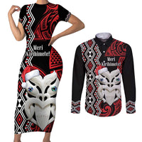 Personalised New Zealand Christmas Couples Matching Short Sleeve Bodycon Dress and Long Sleeve Button Shirt Meri Kirihimete Maori Wheku - Taniko Art LT14 Black - Polynesian Pride