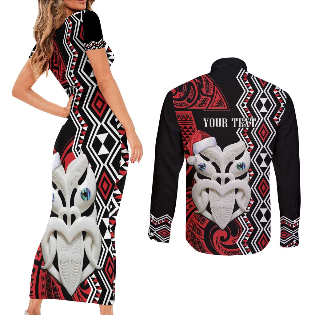 Personalised New Zealand Christmas Couples Matching Short Sleeve Bodycon Dress and Long Sleeve Button Shirt Meri Kirihimete Maori Wheku - Taniko Art LT14 - Polynesian Pride