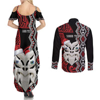 Personalised New Zealand Christmas Couples Matching Summer Maxi Dress and Long Sleeve Button Shirt Meri Kirihimete Maori Wheku - Taniko Art LT14 - Polynesian Pride