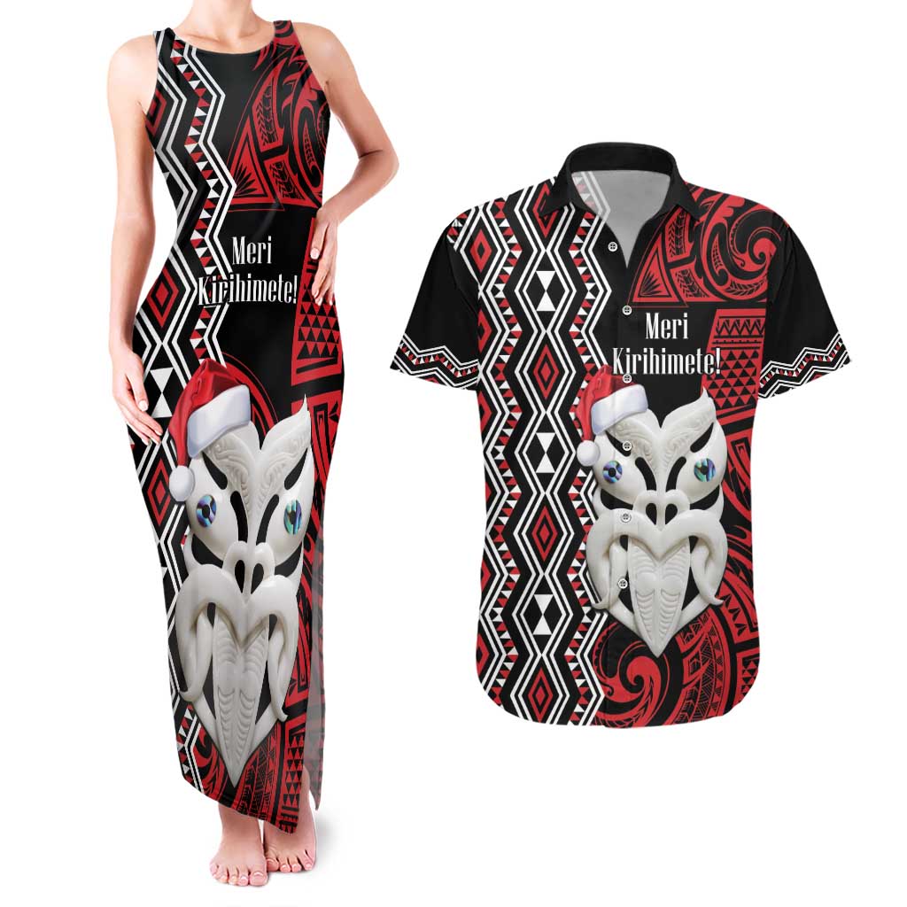 Personalised New Zealand Christmas Couples Matching Tank Maxi Dress and Hawaiian Shirt Meri Kirihimete Maori Wheku - Taniko Art LT14 Black - Polynesian Pride
