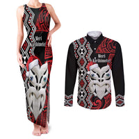 Personalised New Zealand Christmas Couples Matching Tank Maxi Dress and Long Sleeve Button Shirt Meri Kirihimete Maori Wheku - Taniko Art LT14 Black - Polynesian Pride