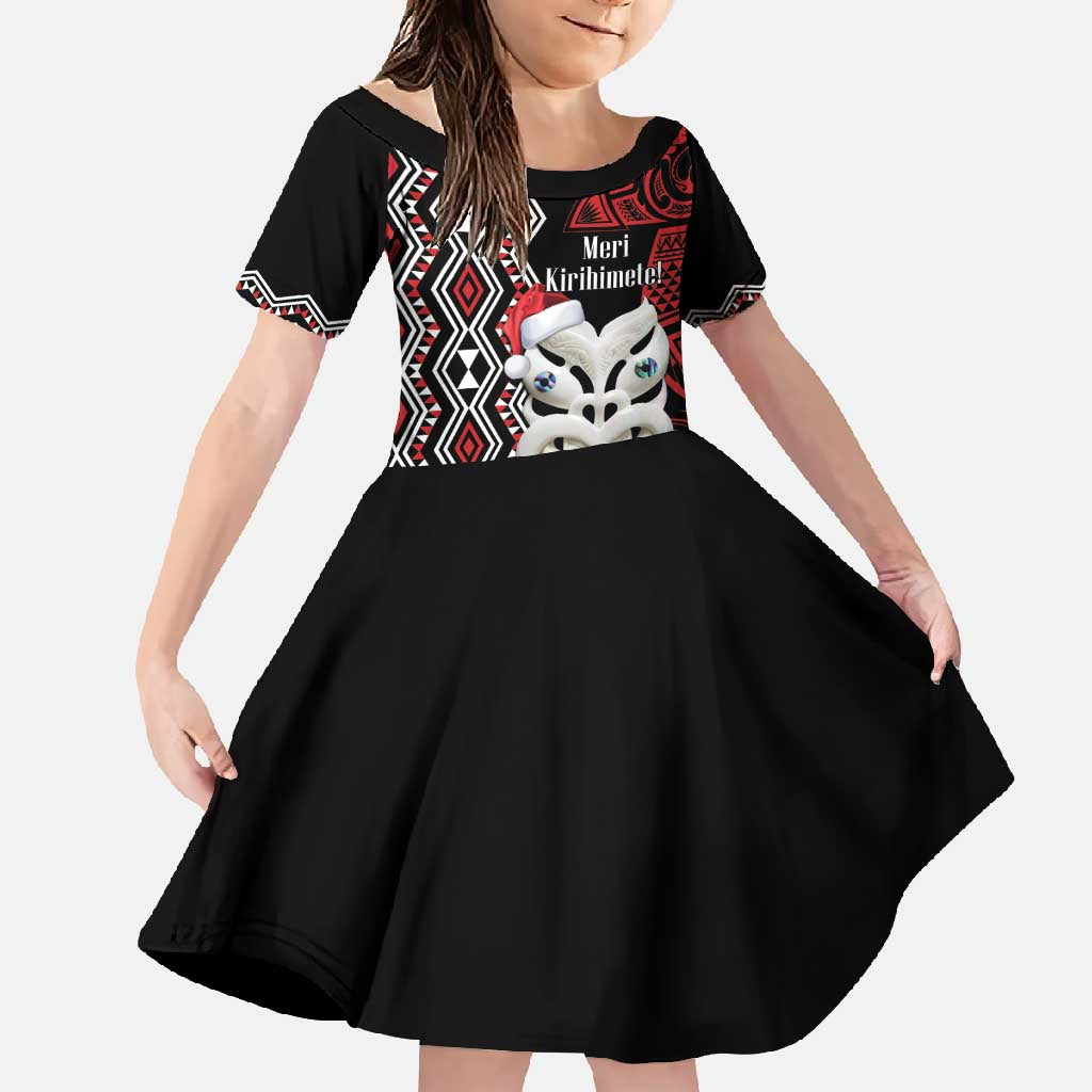 Personalised New Zealand Christmas Family Matching Long Sleeve Bodycon Dress and Hawaiian Shirt Meri Kirihimete Maori Wheku - Taniko Art LT14 Daughter's Dress Black - Polynesian Pride