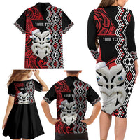 Personalised New Zealand Christmas Family Matching Long Sleeve Bodycon Dress and Hawaiian Shirt Meri Kirihimete Maori Wheku - Taniko Art LT14 - Polynesian Pride