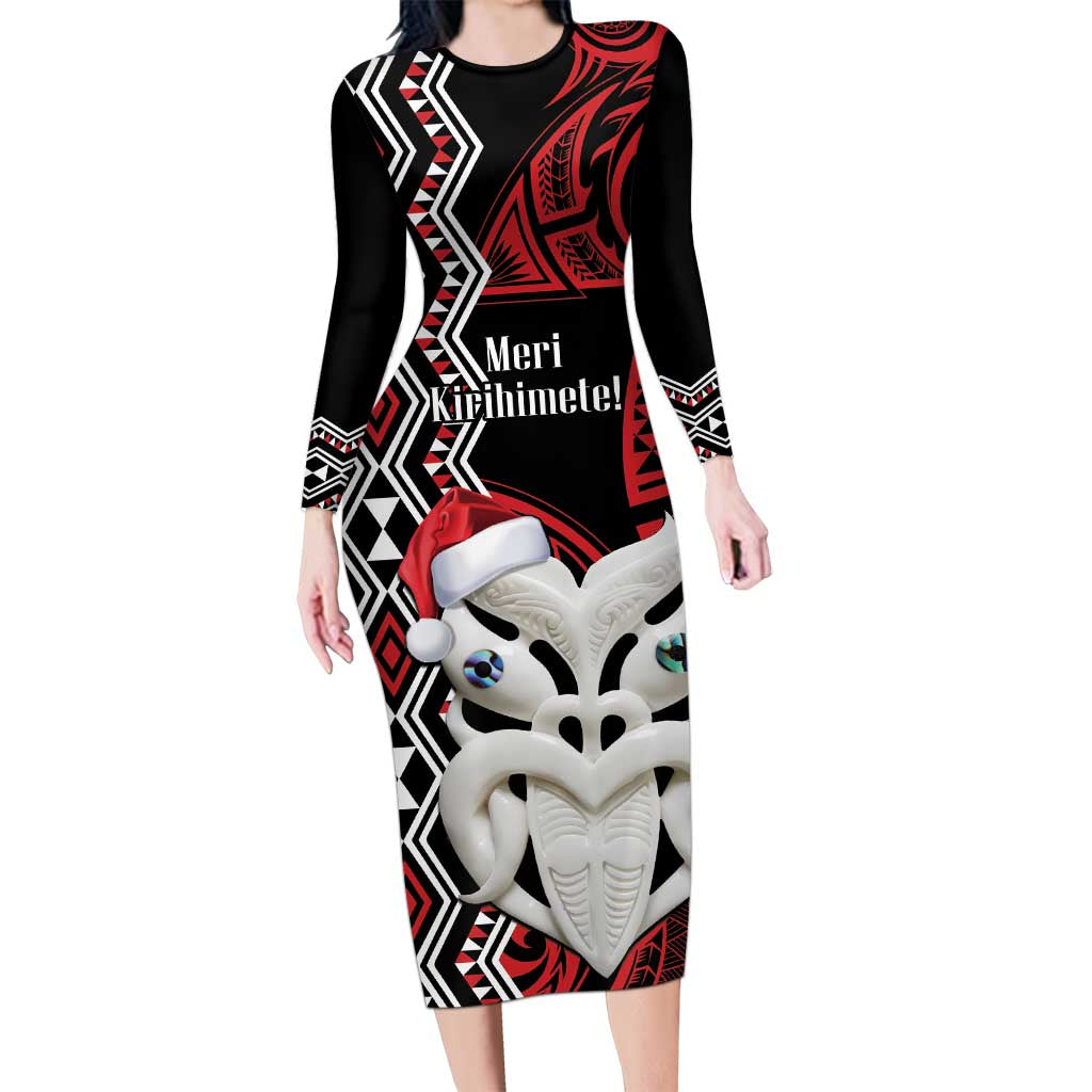 Personalised New Zealand Christmas Family Matching Long Sleeve Bodycon Dress and Hawaiian Shirt Meri Kirihimete Maori Wheku - Taniko Art LT14 Mom's Dress Black - Polynesian Pride