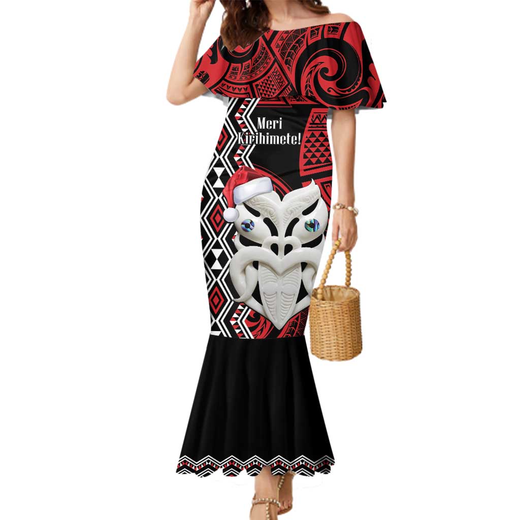 Personalised New Zealand Christmas Family Matching Mermaid Dress and Hawaiian Shirt Meri Kirihimete Maori Wheku - Taniko Art LT14 Mom's Dress Black - Polynesian Pride