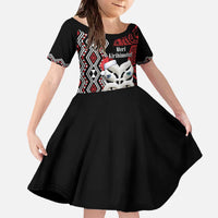 Personalised New Zealand Christmas Family Matching Off The Shoulder Long Sleeve Dress and Hawaiian Shirt Meri Kirihimete Maori Wheku - Taniko Art LT14 Daughter's Dress Black - Polynesian Pride