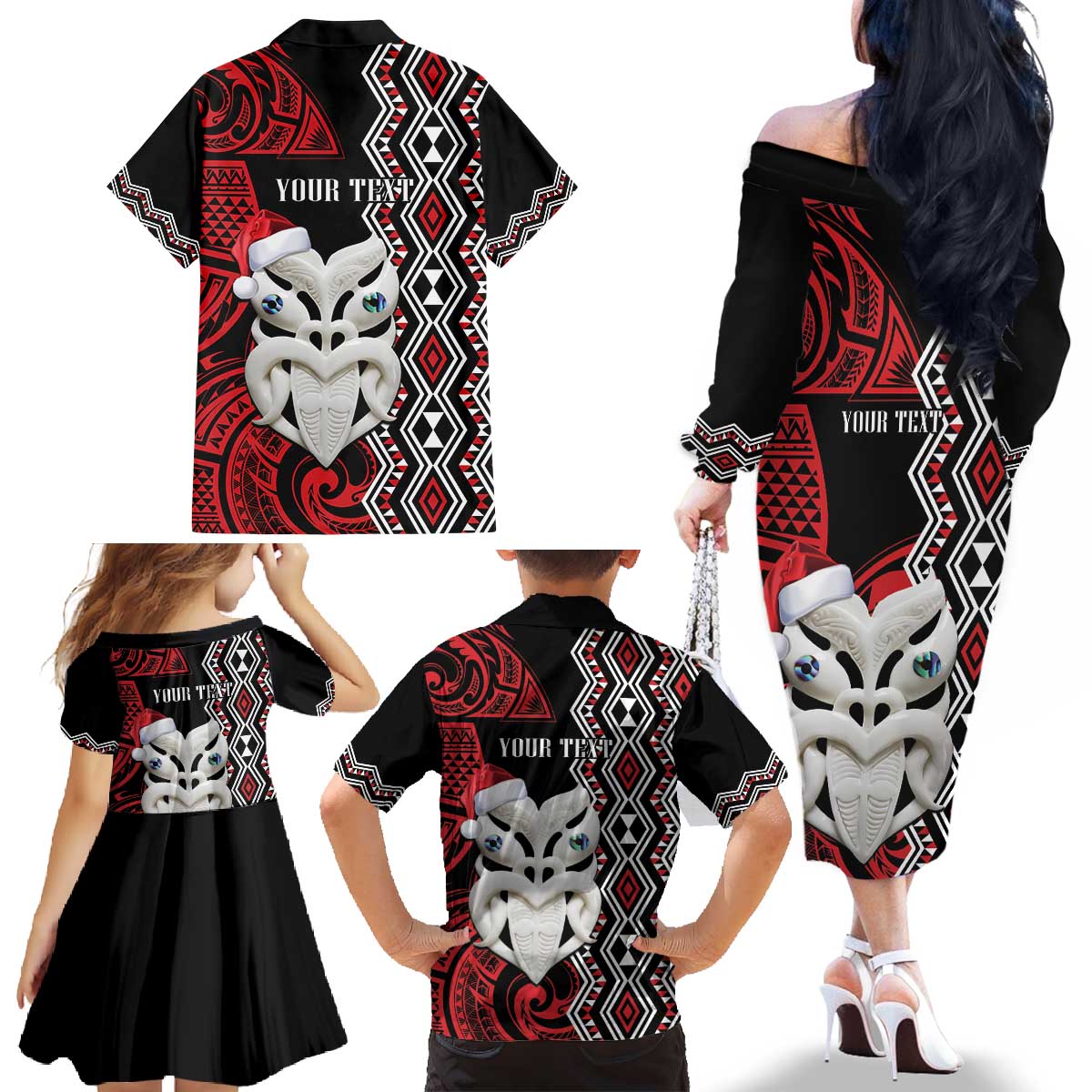 Personalised New Zealand Christmas Family Matching Off The Shoulder Long Sleeve Dress and Hawaiian Shirt Meri Kirihimete Maori Wheku - Taniko Art LT14 - Polynesian Pride