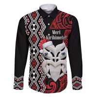 Personalised New Zealand Christmas Family Matching Off The Shoulder Long Sleeve Dress and Hawaiian Shirt Meri Kirihimete Maori Wheku - Taniko Art LT14 Dad's Shirt - Long Sleeve Black - Polynesian Pride