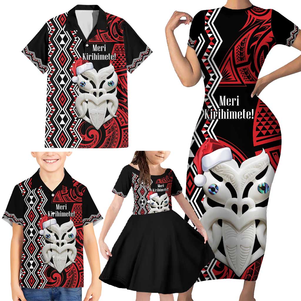 Personalised New Zealand Christmas Family Matching Short Sleeve Bodycon Dress and Hawaiian Shirt Meri Kirihimete Maori Wheku - Taniko Art LT14 - Polynesian Pride