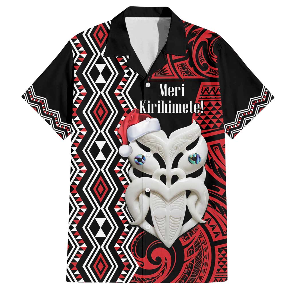Personalised New Zealand Christmas Family Matching Tank Maxi Dress and Hawaiian Shirt Meri Kirihimete Maori Wheku - Taniko Art LT14 Dad's Shirt - Short Sleeve Black - Polynesian Pride
