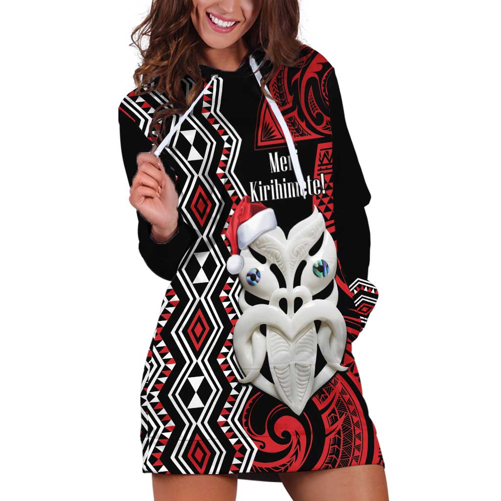 Personalised New Zealand Christmas Hoodie Dress Meri Kirihimete Maori Wheku - Taniko Art LT14 Black - Polynesian Pride
