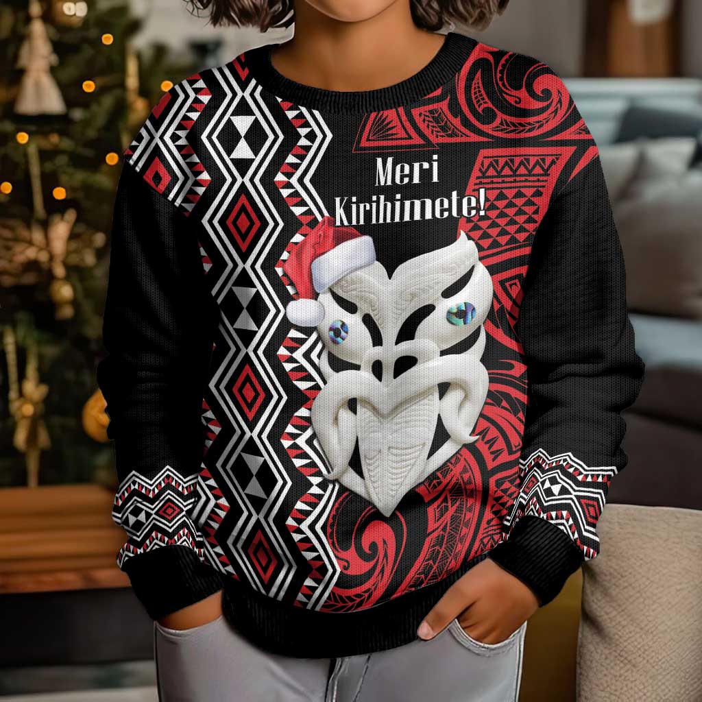 Personalised New Zealand Christmas Kid Ugly Christmas Sweater Meri Kirihimete Maori Wheku - Taniko Art LT14 - Polynesian Pride