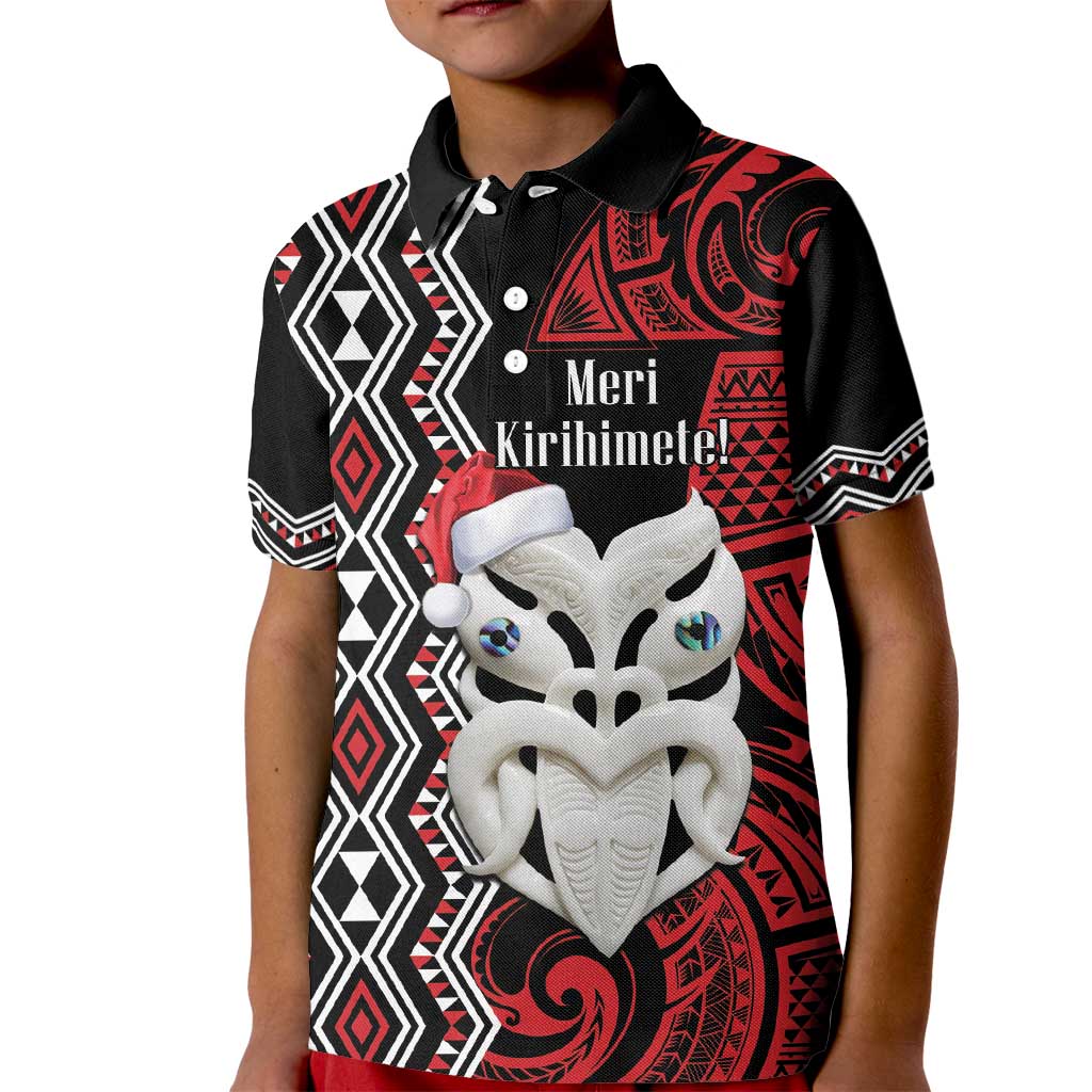 Personalised New Zealand Christmas Kid Polo Shirt Meri Kirihimete Maori Wheku - Taniko Art LT14 Kid Black - Polynesian Pride