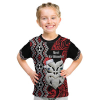 Personalised New Zealand Christmas Kid T Shirt Meri Kirihimete Maori Wheku - Taniko Art LT14 Black - Polynesian Pride