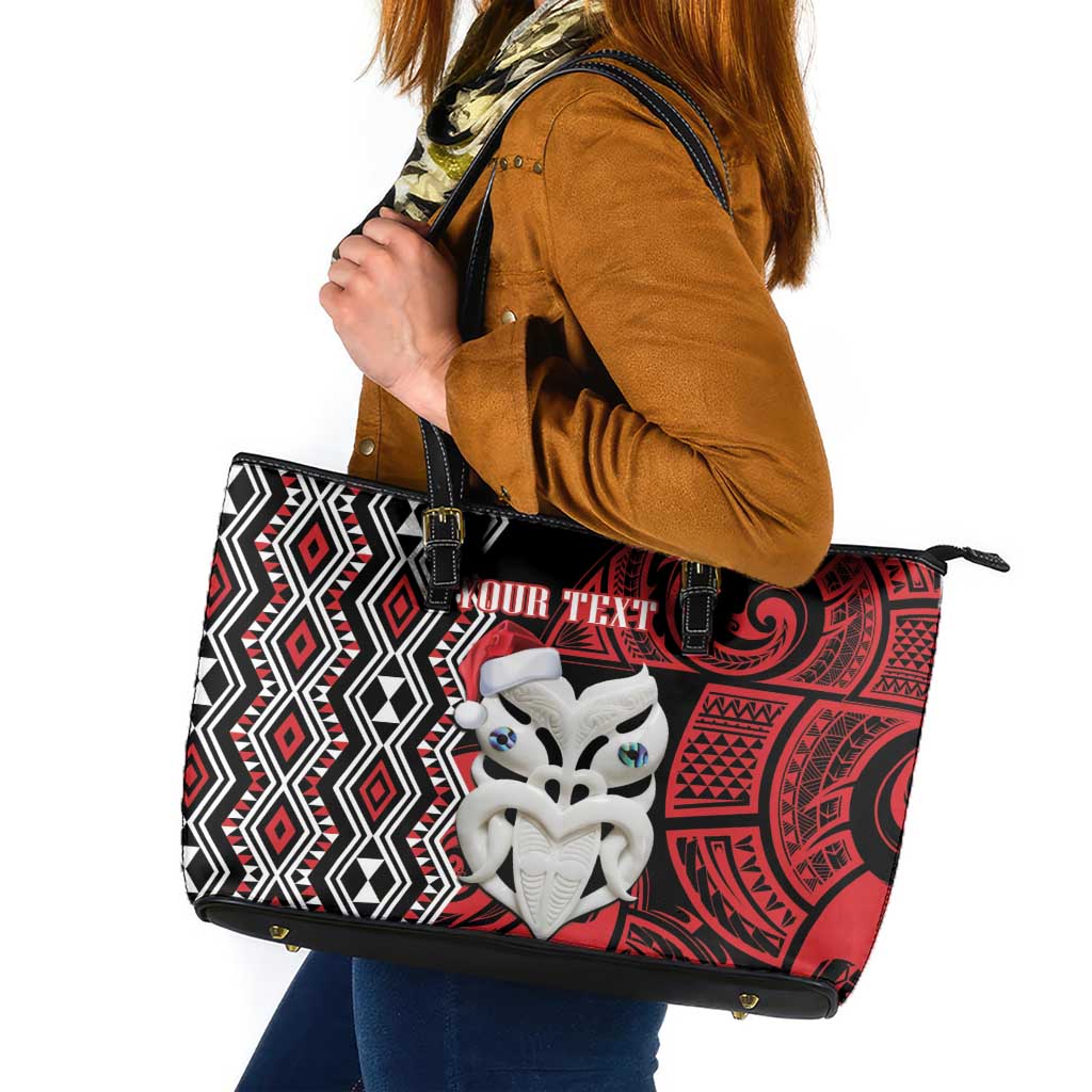 Personalised New Zealand Christmas Leather Tote Bag Meri Kirihimete Maori Wheku - Taniko Art LT14 Black - Polynesian Pride