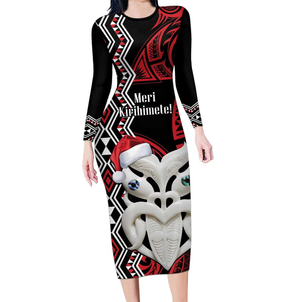 Personalised New Zealand Christmas Long Sleeve Bodycon Dress Meri Kirihimete Maori Wheku - Taniko Art LT14 Long Dress Black - Polynesian Pride