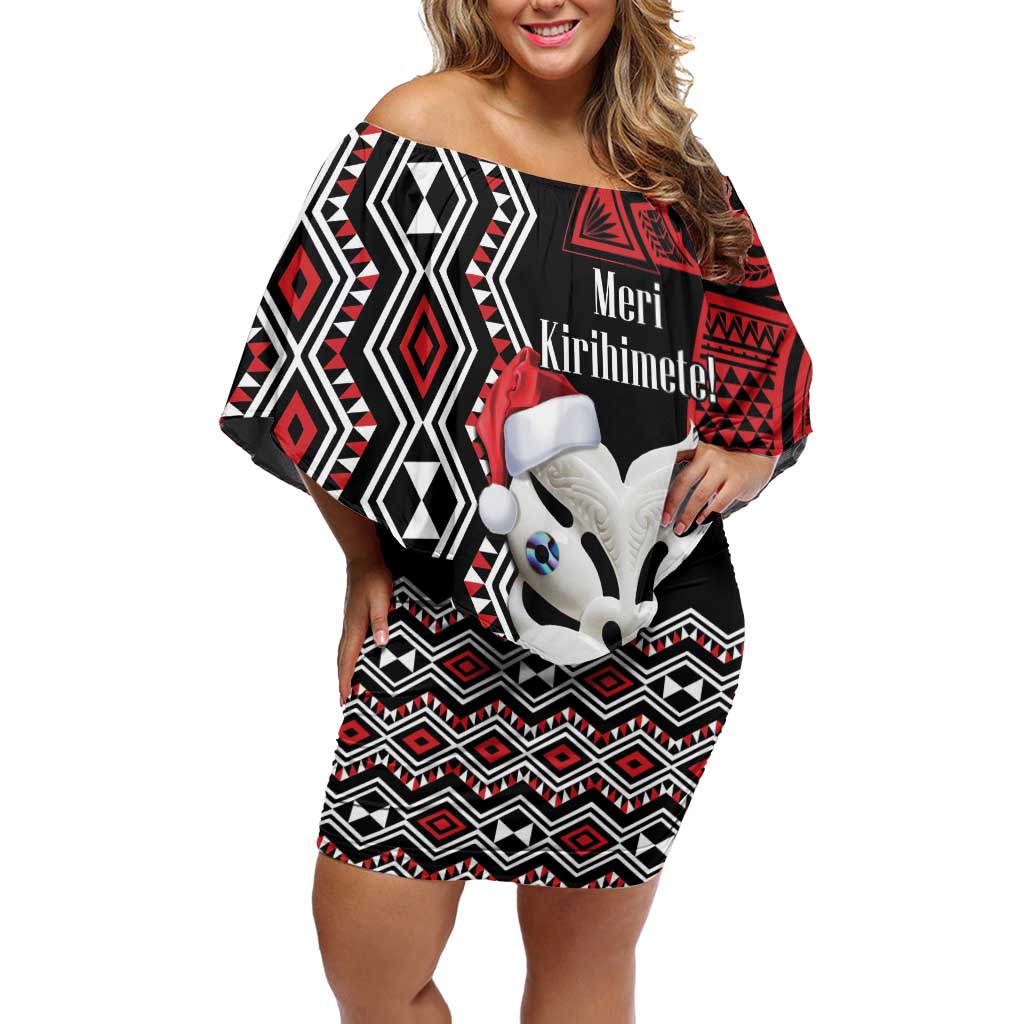 Personalised New Zealand Christmas Off Shoulder Short Dress Meri Kirihimete Maori Wheku - Taniko Art LT14 Women Black - Polynesian Pride
