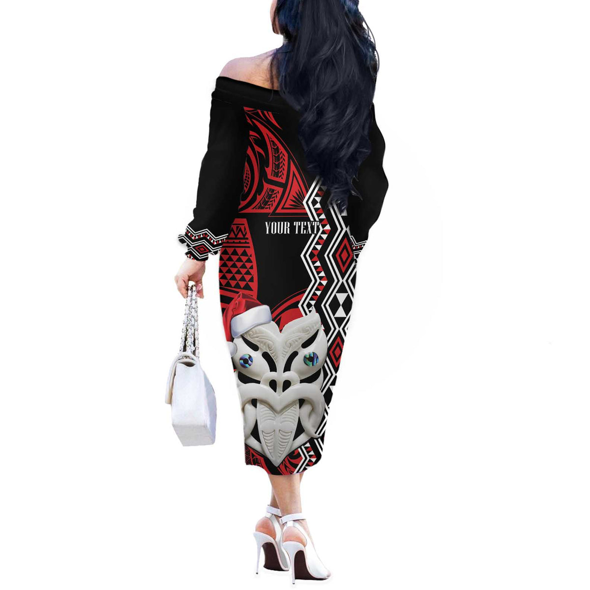 Personalised New Zealand Christmas Off The Shoulder Long Sleeve Dress Meri Kirihimete Maori Wheku - Taniko Art LT14 - Polynesian Pride